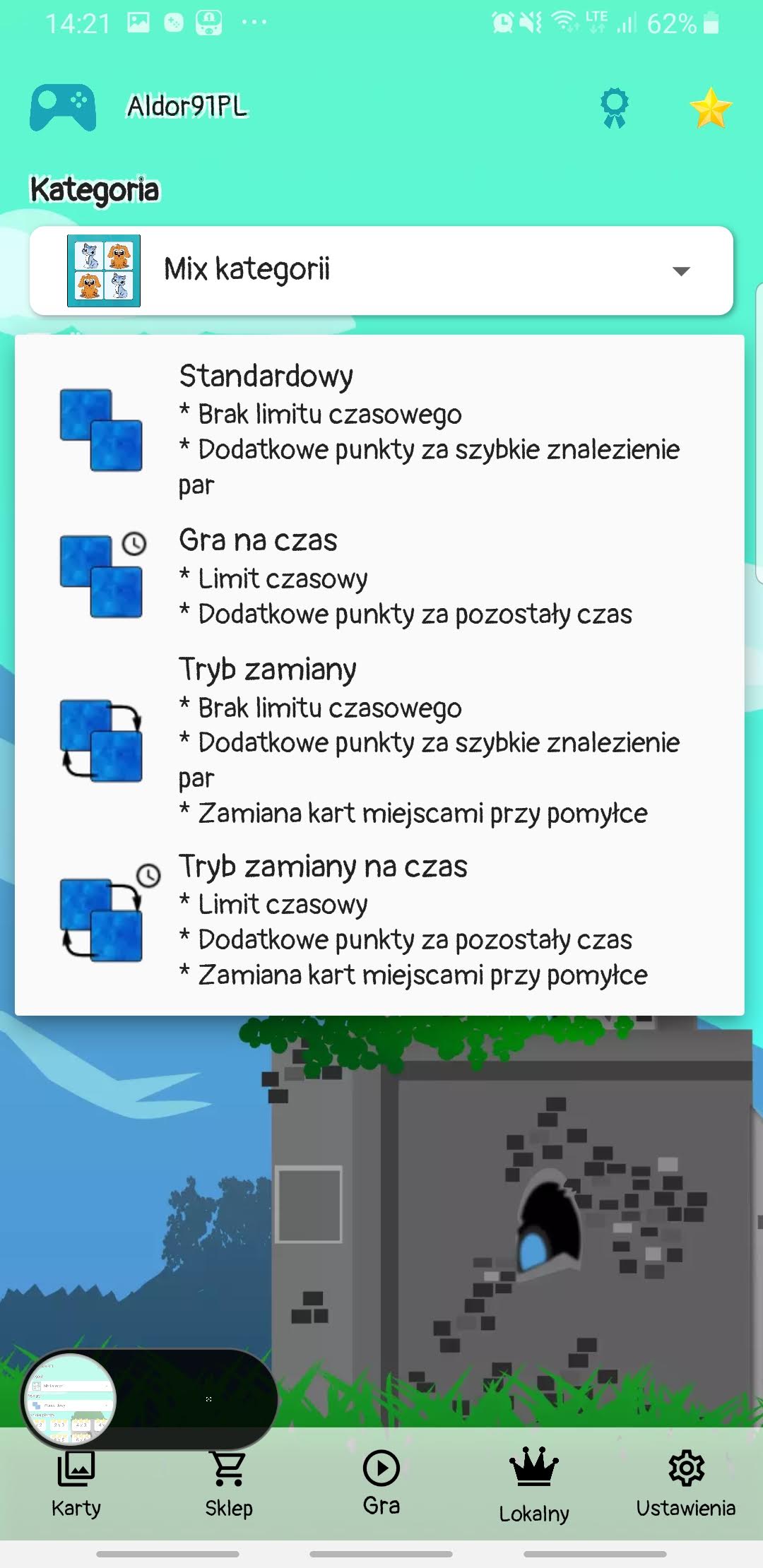 Menu Cards Matching opisujące tryb standardowy, grę na czas i tryby zamiany